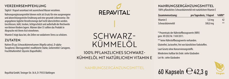 Schwarzkümmelöl – 100% pflanzliches Schwarzkümmelöl mit natürlichem Vitamin E - 60 Kapseln