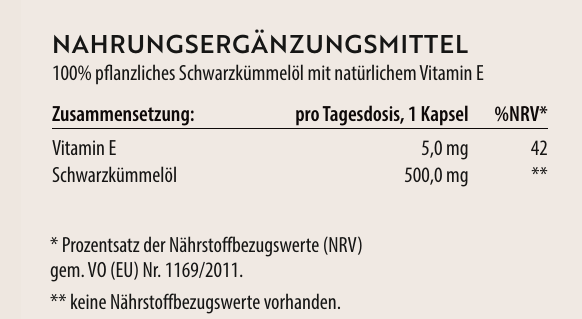 Schwarzkümmelöl – 100% pflanzliches Schwarzkümmelöl mit natürlichem Vitamin E - 60 Kapseln