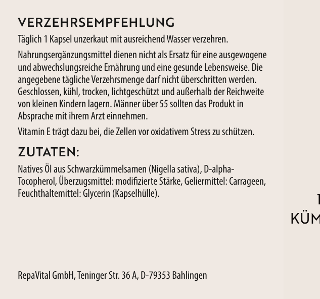 Schwarzkümmelöl – 100% pflanzliches Schwarzkümmelöl mit natürlichem Vitamin E - 60 Kapseln
