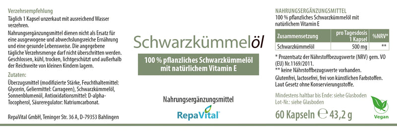 Etikett von RepaVital Schwarzkümmelöl mit Produktbeschreibung, Zutatenliste, Nährwertangaben, Verzehrempfehlung und Hinweis „Vegan“, 60 Kapseln à 500 mg.