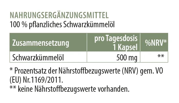 Detailansicht der Nährwerttabelle von Schwarzkümmelöl: 500 mg pro Tagesdosis (1 Kapsel) sowie Hinweise zu NRV, glutenfrei und vegan.