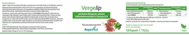 Vergelip – Rotes Reispulver, grüner Kaffee und Coenzym Q10 - 120 Kapseln