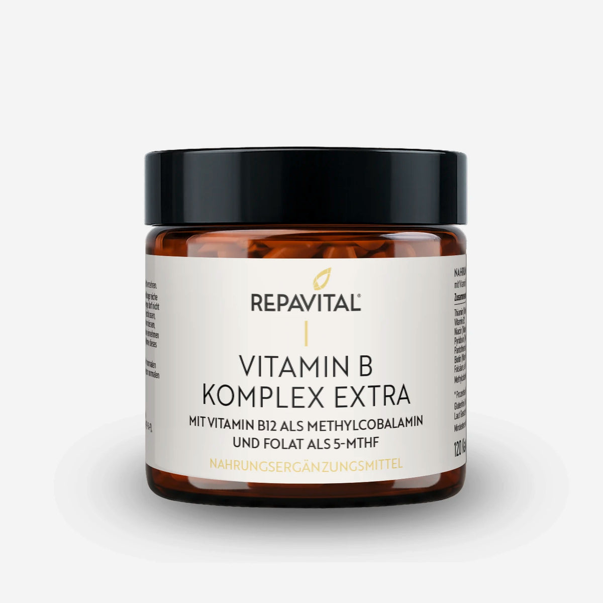 Veganes Nahrungsergänzungsmittel Vitamin B Komplex extra in Braunglas – große Packung mit 120 Kapseln von RepaVital