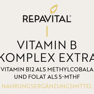 Etikett Vitamin B Komplex extra von RepaVital – B-Komplex mit aktiven Formen wie Methylcobalamin, P-5-P und 5-MTHF