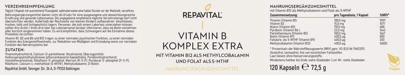 Etikett Vitamin B Komplex extra von RepaVital – B-Komplex mit aktiven Formen wie Methylcobalamin, P-5-P und 5-MTHF