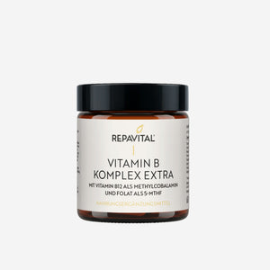 Produktabbildung Vitamin B Komplex extra von RepaVital, Nahrungsergänzungsmittel mit aktiven B-Vitaminen im Braunglas