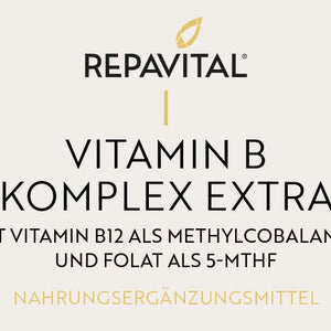 Etikett Vitamin B Komplex extra von RepaVital mit aktiven B-Vitaminen, Verzehrempfehlung, Zutaten und Pflichtangaben