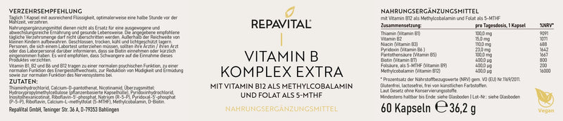 Etikett Vitamin B Komplex extra von RepaVital mit aktiven B-Vitaminen, Verzehrempfehlung, Zutaten und Pflichtangaben