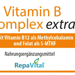 Etikett Vitamin B Komplex extra von RepaVital mit aktiven B-Vitaminen, Verzehrempfehlung, Zutaten und Pflichtangaben