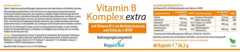 Etikett Vitamin B Komplex extra von RepaVital mit aktiven B-Vitaminen, Verzehrempfehlung, Zutaten und Pflichtangaben