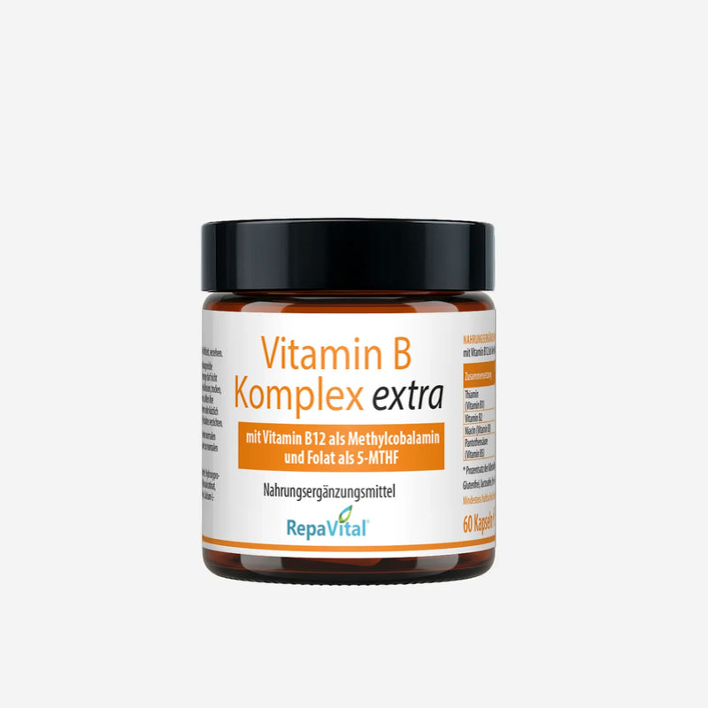Produktabbildung Vitamin B Komplex extra von RepaVital, Nahrungsergänzungsmittel mit aktiven B-Vitaminen im Braunglas