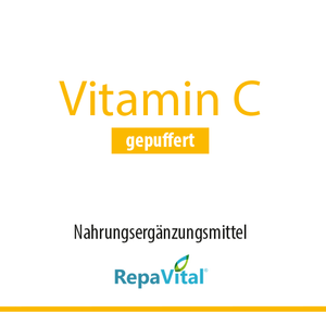 Etikett des Nahrungsergänzungsmittels Vitamin C gepuffert von RepaVital mit 500 mg gepuffertem Vitamin C pro Kapsel aus Calcium-, Magnesium- und Natrium-L-ascorbat