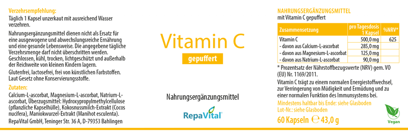 Etikett des Nahrungsergänzungsmittels Vitamin C gepuffert von RepaVital mit 500 mg gepuffertem Vitamin C pro Kapsel aus Calcium-, Magnesium- und Natrium-L-ascorbat