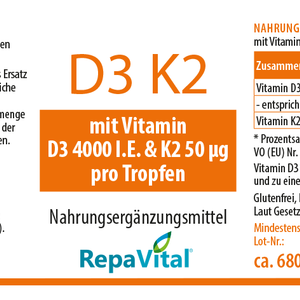 Vitamin D3 K2 Tropfen 4000 I.E. mit Vitamin K2 (MK7) – Produktetikett von RepaVital