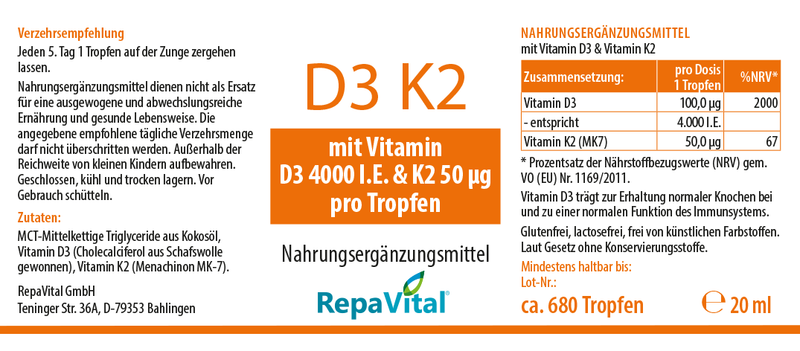 Vitamin D3 K2 Tropfen 4000 I.E. mit Vitamin K2 (MK7) – Produktetikett von RepaVital