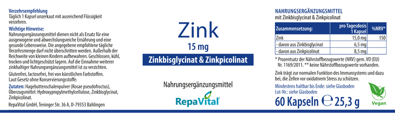 Zink Komplex 15 – Zinkbisglycinat und Zinkpicolinat - 60 Kapseln
