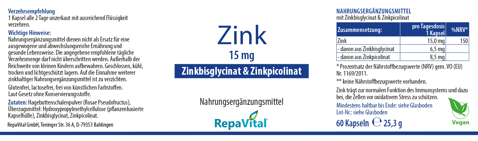 Etikett Zink 15 mit Zinkbisglycinat und Zinkpicolinat 