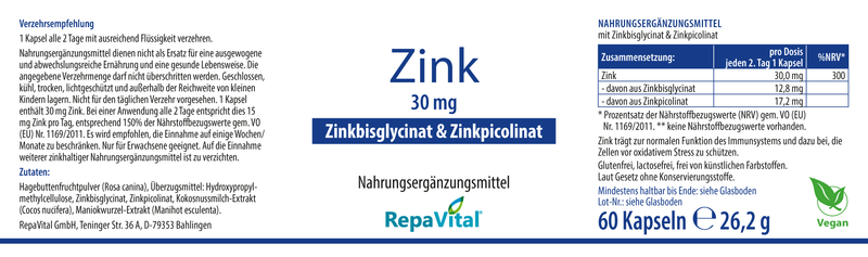 Zink Komplex 30 – Zinkbisglycinat und Zinkpicolinat - 60 Kapseln