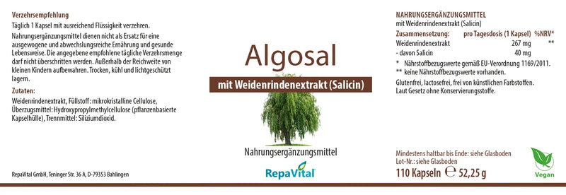 Etikett von Algosal – veganes Nahrungsergänzungsmittel mit Weidenrindenextrakt (Salicin), 110 Kapseln, glutenfrei und ohne künstliche Zusatzstoffe