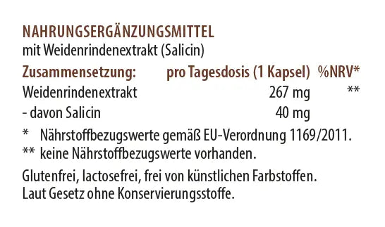 Zusammensetzung von Weidenrindenextrakt mit Salicin – Nahrungsergänzungsmittel pro Tagesdosis einer Kapsel