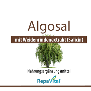 Etikett von Algosal – veganes Nahrungsergänzungsmittel mit Weidenrindenextrakt (Salicin), 110 Kapseln, glutenfrei und ohne künstliche Zusatzstoffe