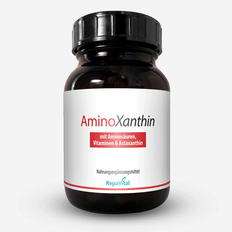 Produktfoto von AminoXanthin – Nahrungsergänzungsmittel mit 8 essenziellen Aminosäuren, B-Vitaminen in aktiver Form und Astaxanthin von RepaVital