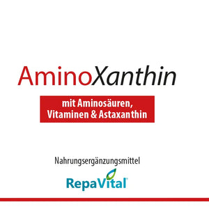 Etikett von AminoXanthin von RepaVital – Nahrungsergänzungsmittel mit 8 essenziellen Aminosäuren, aktivierten B-Vitaminen und Astaxanthin, 120 vegane Kapseln