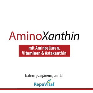 Etikett von AminoXanthin von RepaVital – Nahrungsergänzungsmittel mit 8 essenziellen Aminosäuren, aktivierten B-Vitaminen und Astaxanthin, 120 vegane Kapseln