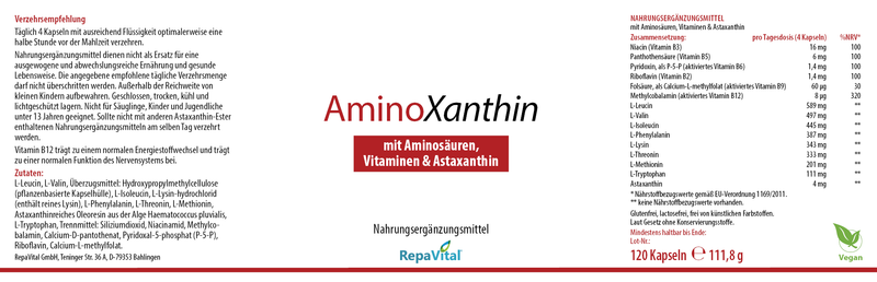 Etikett von AminoXanthin von RepaVital – Nahrungsergänzungsmittel mit 8 essenziellen Aminosäuren, aktivierten B-Vitaminen und Astaxanthin, 120 vegane Kapseln