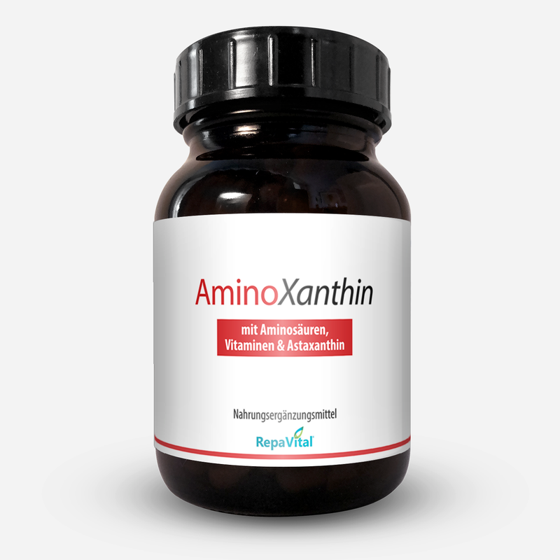 Produktfoto von AminoXanthin – Nahrungsergänzungsmittel mit 8 essenziellen Aminosäuren, B-Vitaminen in aktiver Form und Astaxanthin von RepaVital