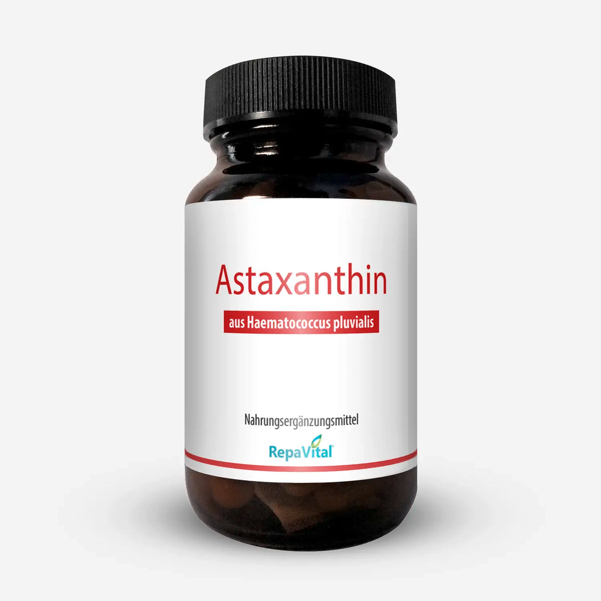 Produktfoto von Astaxanthin von RepaVital – natürliches Antioxidans aus der Blutregenalge Haematococcus pluvialis in Braunglasdose