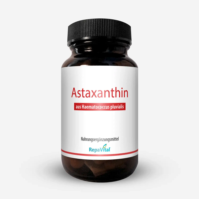 Produktfoto von Astaxanthin von RepaVital – natürliches Antioxidans aus der Blutregenalge Haematococcus pluvialis in Braunglasdose