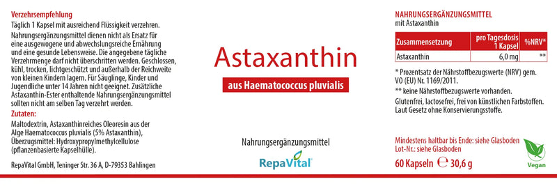 Produktetikett Astaxanthin aus Haematococcus pluvialis – veganes Nahrungsergänzungsmittel von RepaVital