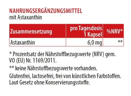 Zusammensetzung von Astaxanthin – Nahrungsergänzungsmittel mit 6 mg Astaxanthin pro Tagesdosis einer Kapsel