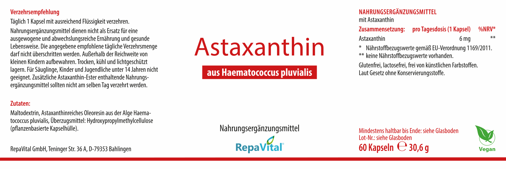 Etikett von Astaxanthin von RepaVital – veganes Nahrungsergänzungsmittel mit 6 mg natürlichem Astaxanthin aus der Blutregenalge Haematococcus pluvialis, 60 Kapseln