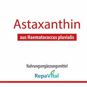 Etikett von Astaxanthin von RepaVital – veganes Nahrungsergänzungsmittel mit 6 mg natürlichem Astaxanthin aus der Blutregenalge Haematococcus pluvialis, 60 Kapseln