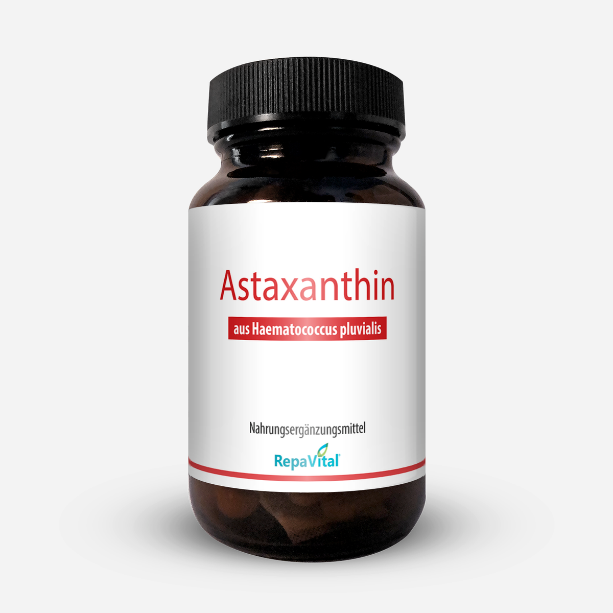 Produktfoto von Astaxanthin von RepaVital – natürliches Antioxidans aus der Blutregenalge Haematococcus pluvialis in Braunglasdose