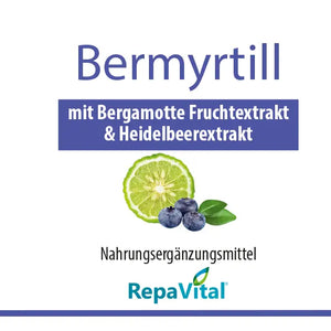 Etikett von Bermyrtill von RepaVital – veganes Nahrungsergänzungsmittel mit 500 mg Bergamotte-Fruchtextrakt und 250 mg Heidelbeerextrakt pro Kapsel, reich an Bioflavonoiden und Anthocyanen
