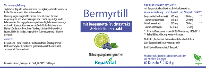 Etikett von Bermyrtill von RepaVital – veganes Nahrungsergänzungsmittel mit 500 mg Bergamotte-Fruchtextrakt und 250 mg Heidelbeerextrakt pro Kapsel, reich an Bioflavonoiden und Anthocyanen, 60 Kapseln