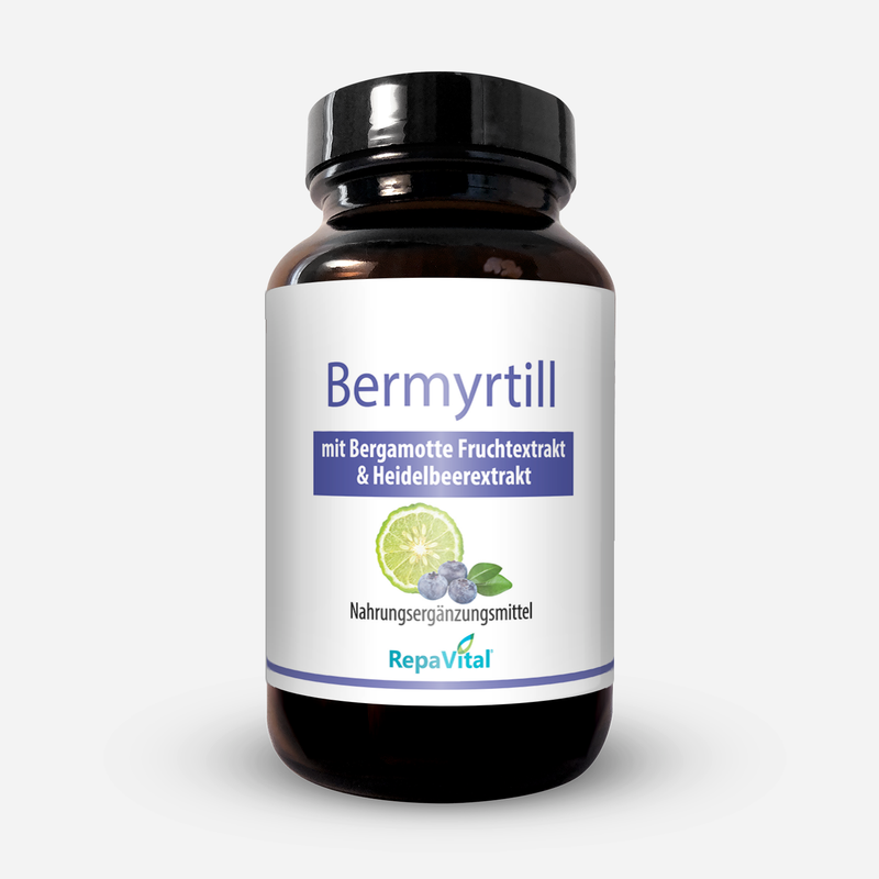 Produktfoto von Bermyrtill von RepaVital – Nahrungsergänzungsmittel mit Flavonoiden aus italienischem Bergamotte-Fruchtextrakt und Heidelbeerextrakt