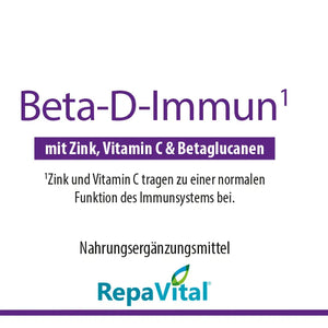 Etikett des Nahrungsergänzungsmittels RepaVital Beta-D-Immun mit Vitamin C, Zink, Beta-Glucanen, Astaxanthin, Maitake- und Reishi-Extrakt; veganes Produkt zur Unterstützung des Immunsystems