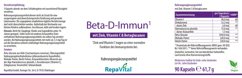 Etikett des Nahrungsergänzungsmittels RepaVital Beta-D-Immun mit Vitamin C, Zink, Beta-Glucanen, Astaxanthin, Maitake- und Reishi-Extrakt; veganes Produkt zur Unterstützung des Immunsystems