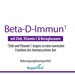 Etikett des Nahrungsergänzungsmittels RepaVital Beta-D-Immun mit Vitamin C, Zink, Beta-Glucanen, Astaxanthin, Maitake- und Reishi-Extrakt; veganes Produkt zur Unterstützung des Immunsystems, 90 Kapseln.