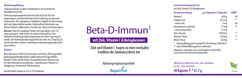 Etikett des Nahrungsergänzungsmittels RepaVital Beta-D-Immun mit Vitamin C, Zink, Beta-Glucanen, Astaxanthin, Maitake- und Reishi-Extrakt; veganes Produkt zur Unterstützung des Immunsystems, 90 Kapseln.