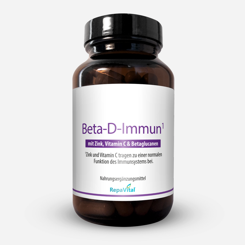 RepaVital Beta-D-Immun – veganes Nahrungsergänzungsmittel mit Zink, Vitamin C, Betaglucanen, Astaxanthin, Maitake- und Reishi-Extrakt zur Unterstützung des Immunsystems, braune Kapseln im Glas