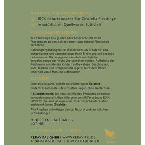 Bio-Chlorella Presslinge von RepaVital – Rückseite der Verpackung mit Verzehrempfehlung, Zutaten, Allergiehinweis (Sulphite), Haltbarkeitsdatum und Herstellerangaben