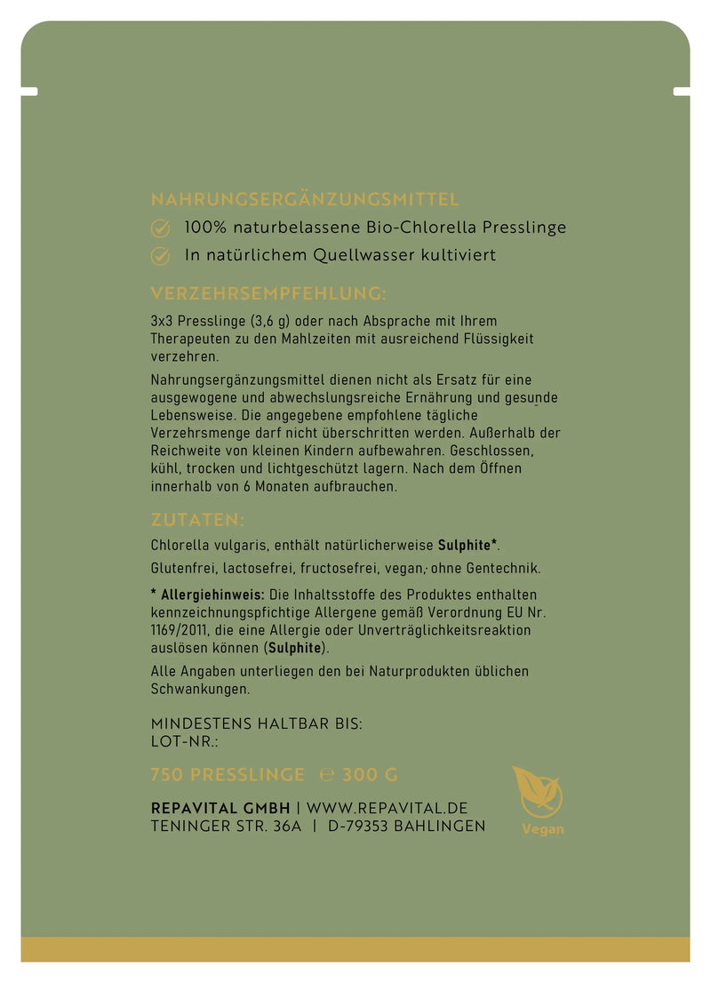 Bio-Chlorella Presslinge von RepaVital – Rückseite der Verpackung mit Verzehrempfehlung, Zutaten, Allergiehinweis (Sulphite), Haltbarkeitsdatum und Herstellerangaben