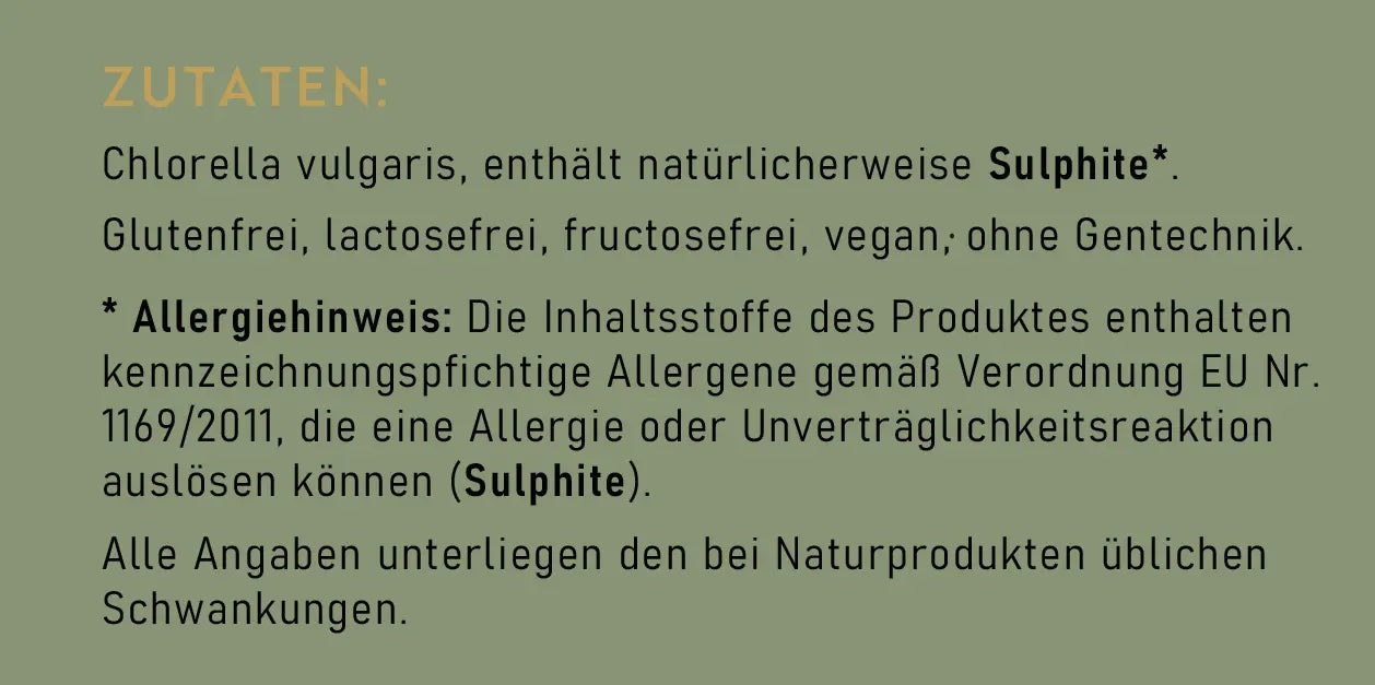 Zutaten- und Allergenhinweis der Bio-Chlorella Verpackung mit Angaben zu Sulphiten, veganer Rezeptur und Eigenschaften