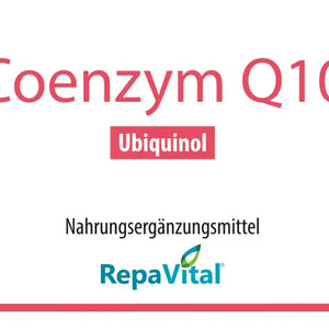 Etikett des Nahrungsergänzungsmittels RepaVital Coenzym Q10 mit 100 mg aktivem Ubiquinol pro Kapsel – enthält Markenrohstoff Kaneka™, glutenfrei, laktosefrei, vegetarisch.