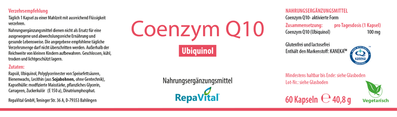 Etikett des Nahrungsergänzungsmittels RepaVital Coenzym Q10 mit 100 mg aktivem Ubiquinol pro Kapsel – enthält Markenrohstoff Kaneka™, glutenfrei, laktosefrei, vegetarisch.